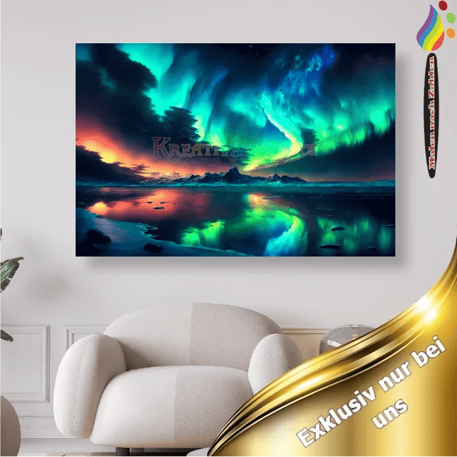 Polarlichter spiegeln sich im Wasser - Malen nach Zahlen - Kreativsein.shop