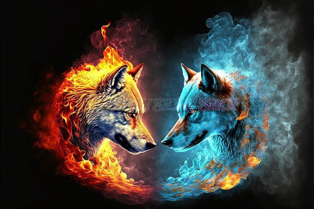 Wolfsköpfe Feuer Wasser- Malen nach Zahlen - Kreativsein.shop