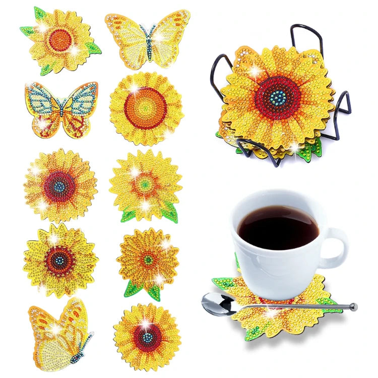 10 x Sonnenblumen und Schmetterlinge Untersetzer - Diamond Painting Shop Schweiz