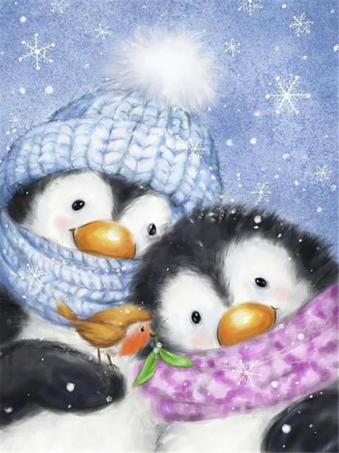 2 Pinguine mit Vogel - 5D DIY Diamond Painting - Kreativsein.shop