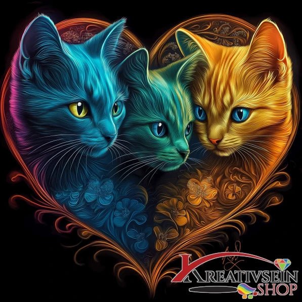 3 bunten Katzen im Herz - 5D DIY Diamond Painting - Kreativsein.shop