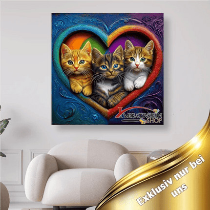 3 Kätzchen im bunten Herzrahmen - 5D DIY Diamond Painting - Kreativsein.shop