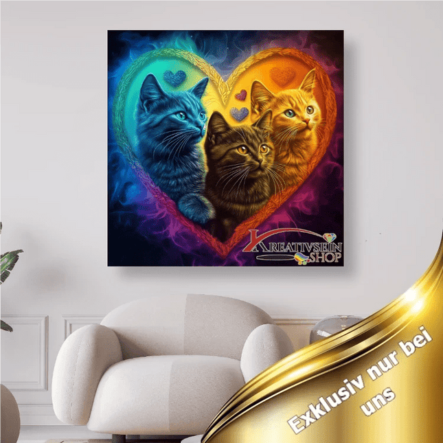 3 Katzen im bunten Herz - 5D DIY Diamond Painting - Kreativsein.shop