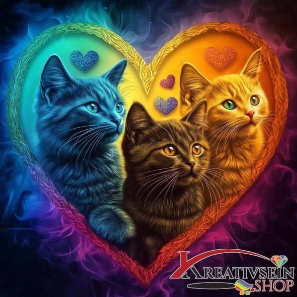 3 Katzen im bunten Herz - 5D DIY Diamond Painting - Kreativsein.shop