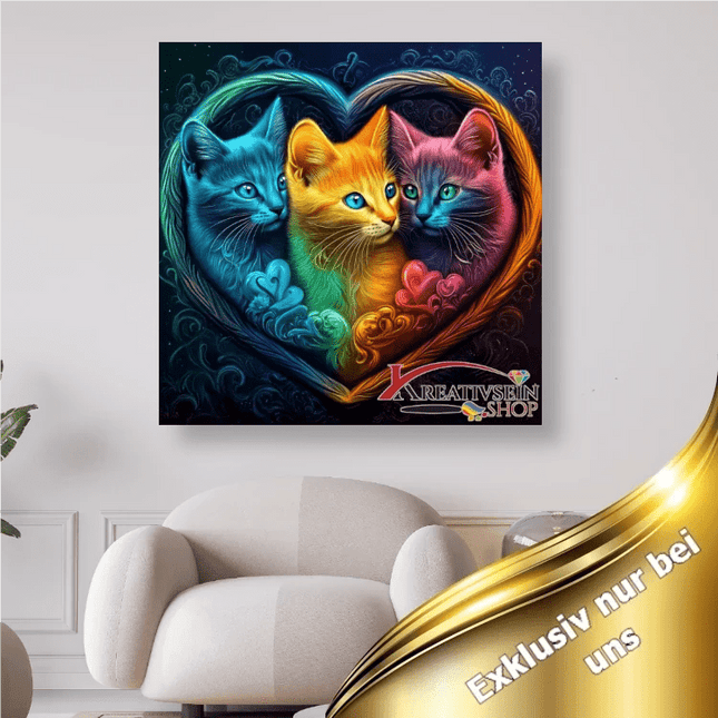 3 Katzen im bunten Herzrahmen - 5D DIY Diamond Painting - Kreativsein.shop