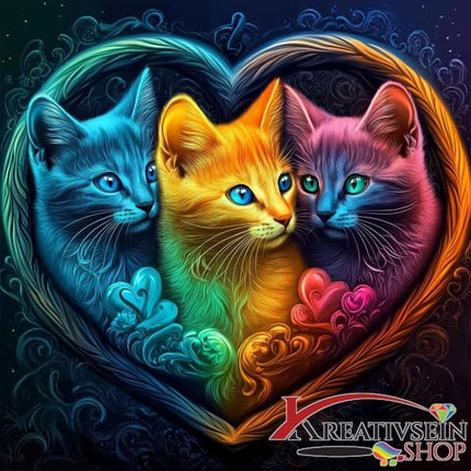 3 Katzen im bunten Herzrahmen - 5D DIY Diamond Painting - Kreativsein.shop