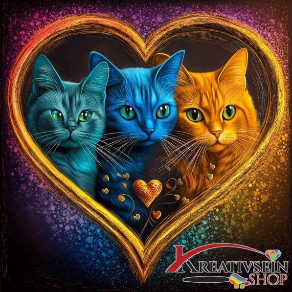 3 Katzen im goldenen Herz - 5D DIY Diamond Painting - Kreativsein.shop