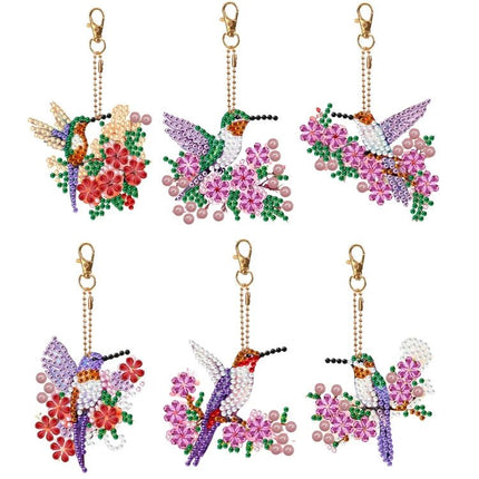 6 x Kolibri mit Blüten Schlüsselanhänger - Diamond Painting - Kreativsein.shop