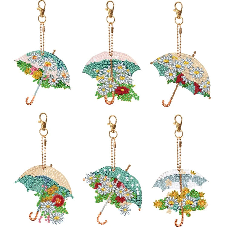 6 x Regenschirm mit Blumen Schlüsselanhänger - Diamond Painting