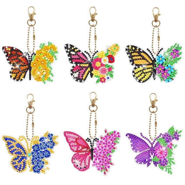 6 x Schmetterling mit Blumenflügel Schlüsselanhänger - Diamond Painting - Kreativsein.shop