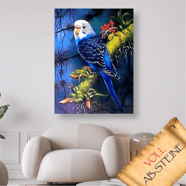 Blauer Wellensittich sitzt auf Ast - Voll AB 5D DIY Diamond Painting - Kreativsein.shop