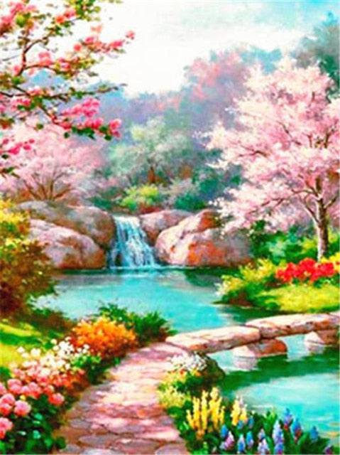 Blütenzauber die Natur erwacht, Fluss mit Wasserfall - Diamond Painting - Kreativsein.shop