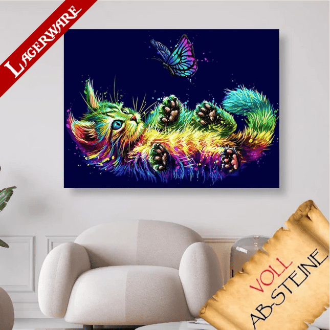 Buntes Kätzchen mit Schmetterling LA - Voll AB 5D DIY Diamond Painting - Kreativsein.shop