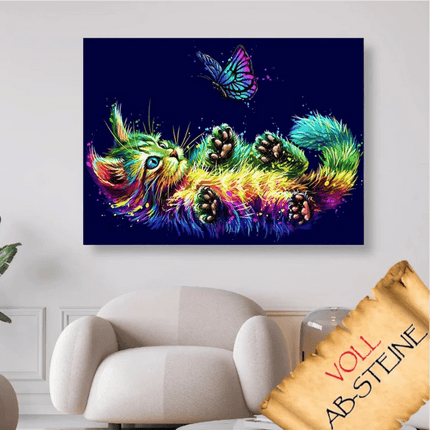 Buntes Kätzchen mit Schmetterling - Voll AB 5D DIY Diamond Painting - Kreativsein.shop