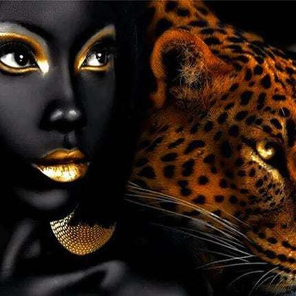 Frau mit goldenen Lippen und ein Leopard - 5D DIY Diamond Painting - Kreativsein.shop