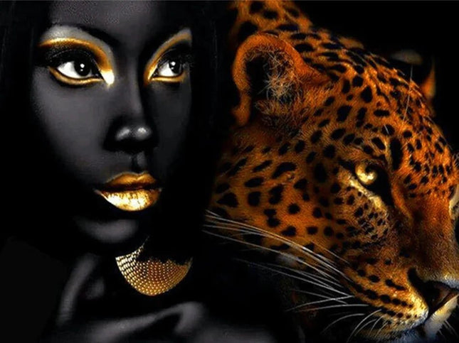 Frau mit goldenen Lippen und ein Leopard - 5D DIY Diamond Painting - Kreativsein.shop