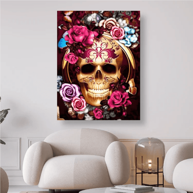 Goldener lachender Schädel mit Blumen - 5D DIY Diamond Painting - Kreativsein.shop