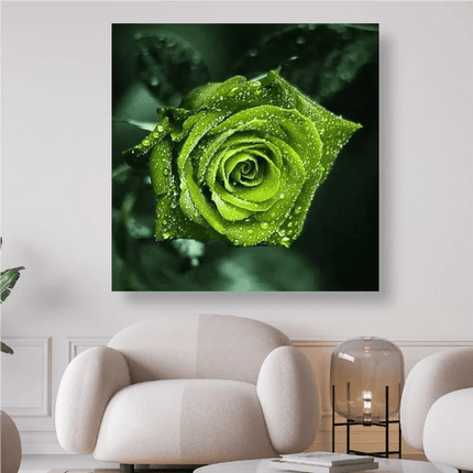 Grüne Rosenblüte mit Wassertropfen - 5D DIY Diamond Painting - Kreativsein.shop