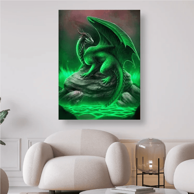 Grüner Drachen sitzt auf Felsen - 5D DIY Diamond Painting - Kreativsein.shop