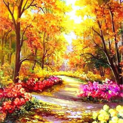 Herbstlandschaft mit bunten Bäumen und Blumen - Diamond Painting - Kreativsein.shop