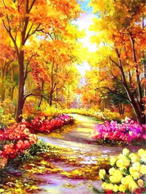 Herbstlandschaft mit bunten Bäumen und Blumen - Diamond Painting - Kreativsein.shop