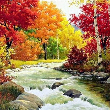 Herbstlandschaft mit wunderschön gefärbten Bäumen am Fluss - Diamond Painting - Kreativsein.shop