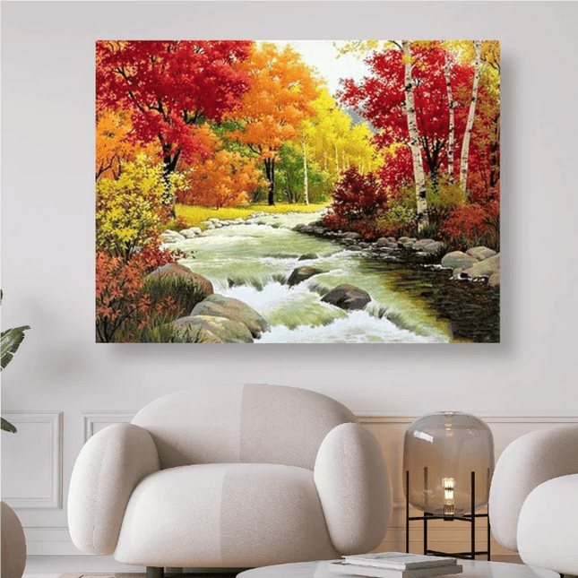 Herbstlandschaft mit wunderschön gefärbten Bäumen am Fluss - Diamond Painting - Kreativsein.shop