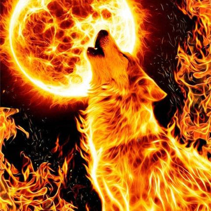 Heulender Wolf mit Mond in Feuer und Flammen - Diamond Painting - Kreativsein.shop