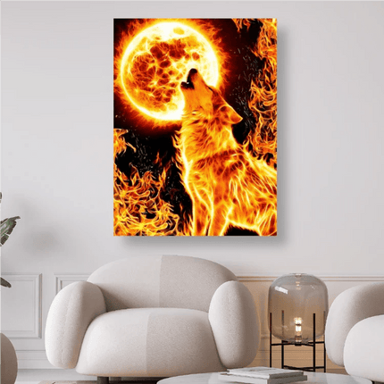 Heulender Wolf mit Mond in Feuer und Flammen - Diamond Painting - Kreativsein.shop