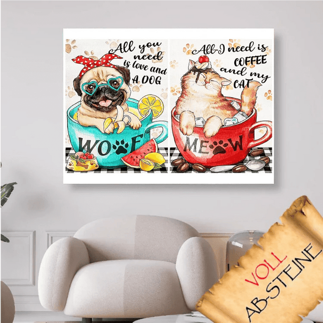 Hund und Katze in der Tasse - Voll AB 5D DIY Diamond Painting - Kreativsein.shop