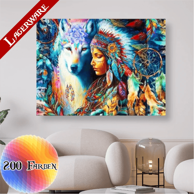 Indianerfrau mit Wolf 200 Farben LA - 5D DIY Diamond Painting - Kreativsein.shop