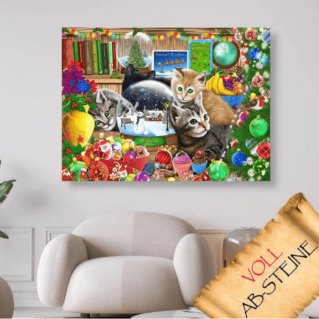 Kätzchen unter dem Weihnachtsbaum - Voll AB 5D DIY Diamond Painting - Kreativsein.shop