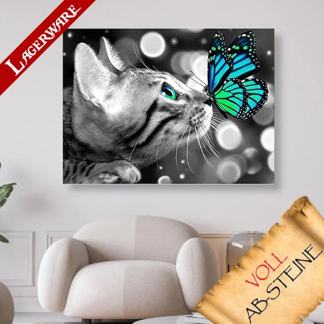 Katze mit Schmetterling auf der Nase LA - Voll AB 5D DIY Diamond Painting - Kreativsein.shop