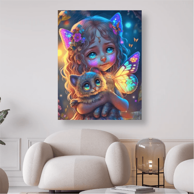 Kleine bunte Elfe mit Kätzchen - 5D DIY Diamond Painting - Kreativsein.shop