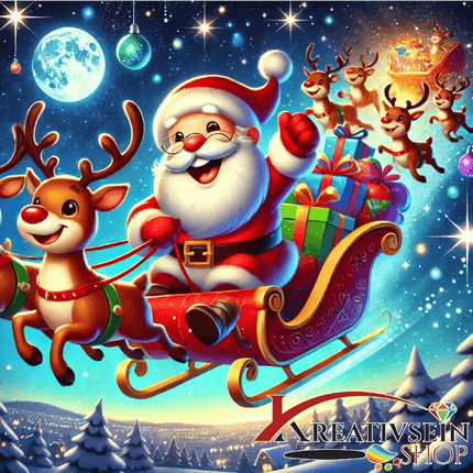 Lustiger Weihnachtsmann im Schlitten mit Rentieren - Malen nach Zahlen - Kreativsein.shop