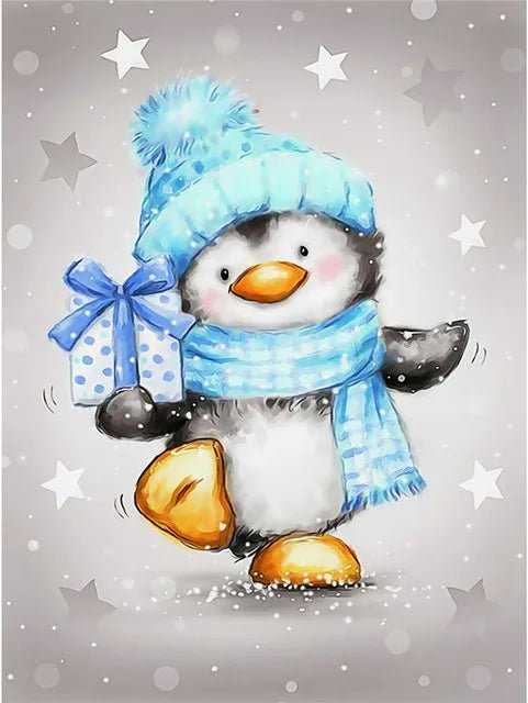 Pinguin mit blauem Schal und Mütze - 5D DIY Diamond Painting - Kreativsein.shop