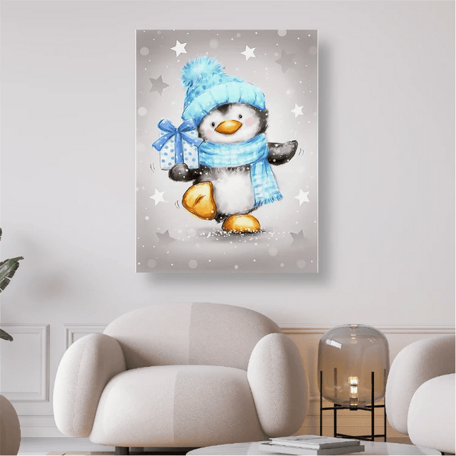 Pinguin mit blauem Schal und Mütze - 5D DIY Diamond Painting - Kreativsein.shop