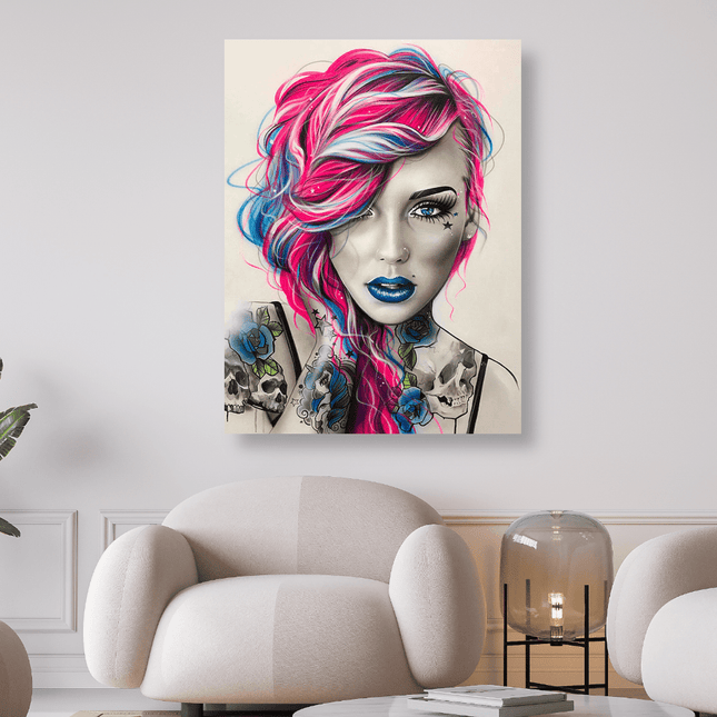 Tätowierte Frau mit Pink/Blauen Haaren - 5D DIY Diamond Painting - Kreativsein.shop