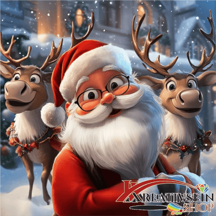 Weihnachtsmann mit 2 lachenden Rentieren - Malen nach Zahlen - Kreativsein.shop