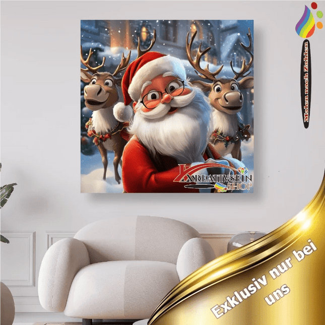Weihnachtsmann mit 2 lachenden Rentieren - Malen nach Zahlen - Kreativsein.shop