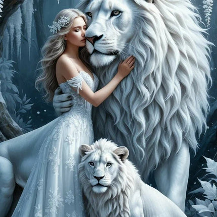 Weisse Löwen mit Frau - 5D DIY Diamond Painting - Kreativsein.shop