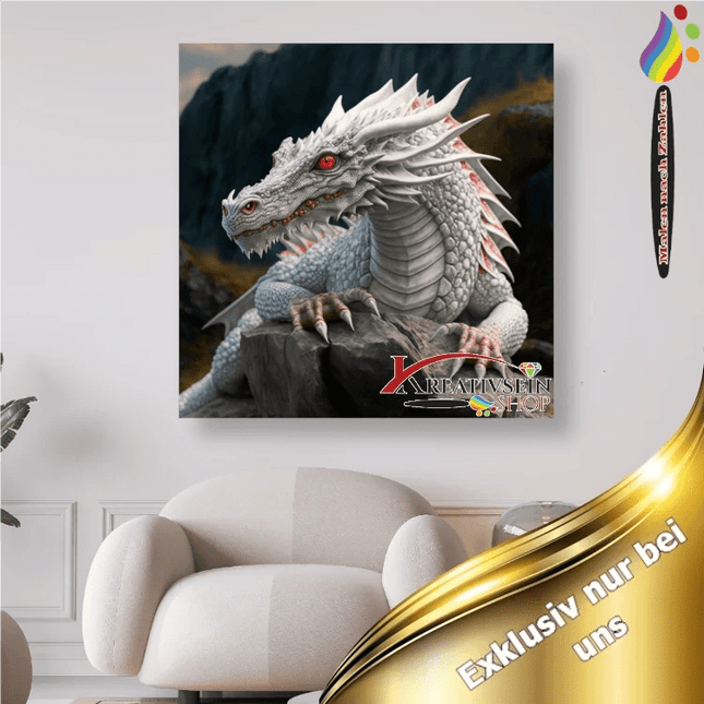 Weisser Drachen auf Felsen - Malen nach Zahlen - Kreativsein.shop
