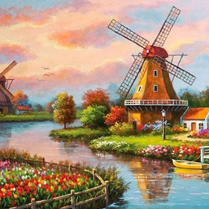 Windmühlen am Fluss - Voll AB Diamond Painting - Kreativsein.shop