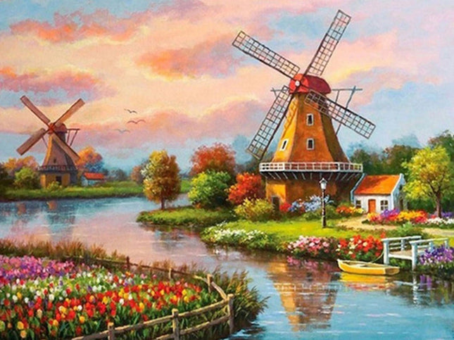 Windmühlen am Fluss - Voll AB Diamond Painting - Kreativsein.shop