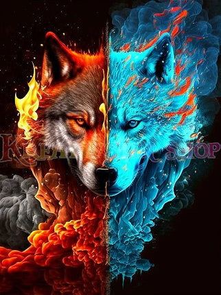 Wolfskopf halb Feuer halb Wasser - 5D DIY Diamond Painting - Kreativsein.shop