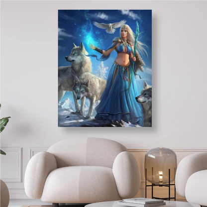 Nymphe mit blauem Kleid und Wölfen - 5D DIY Diamond Painting - Diamond Painting Shop - Schweiz