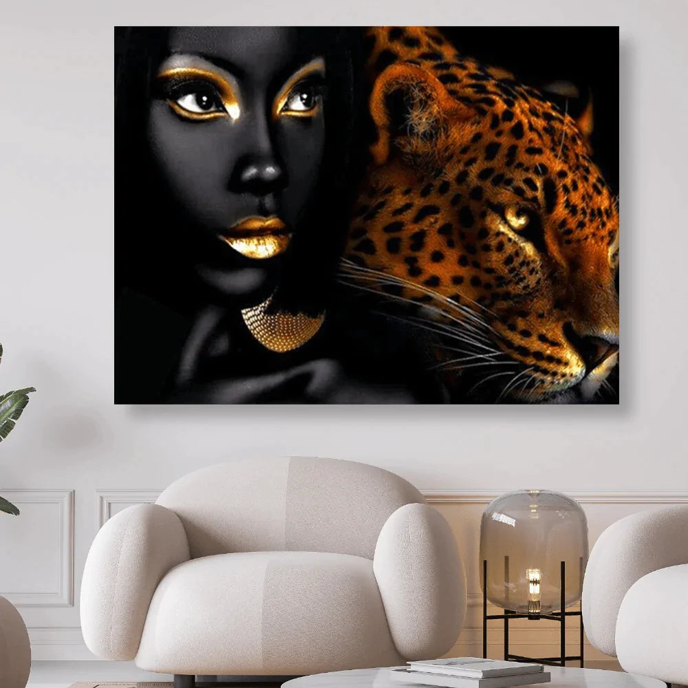 Frau mit goldenen Lippen und ein Leopard - 5D DIY Diamond Painting - Diamond Painting Shop - Schweiz
